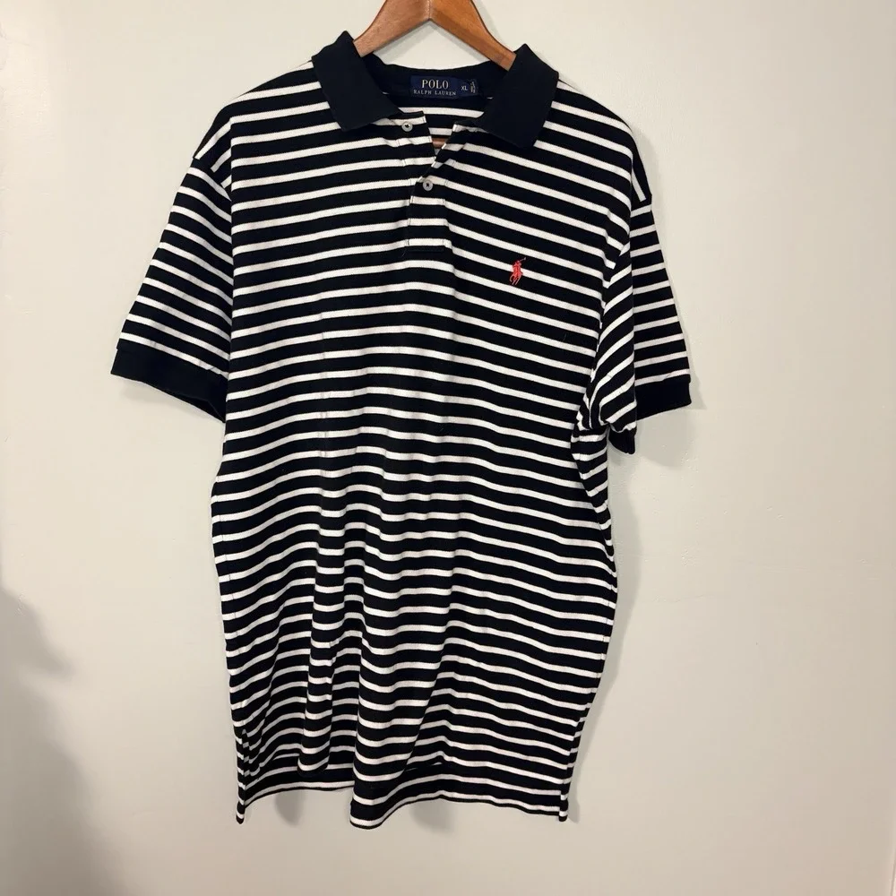 Polo by Ralph Lauren Black and White Striped Polo Shirt Men's XL Red Pony